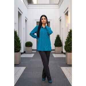 Koret Womens Turquoise Embroidered Leaf Design Button Up Blouse XL